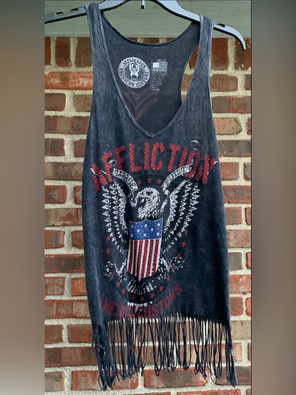 Affliction Black Eagle Shield Fringe Tank with Red Stud Accents